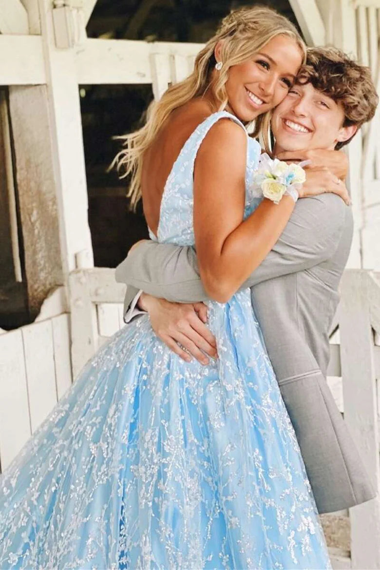 Princess Light Blue Lace V-Neck Backless A-Line Prom Gown
